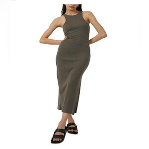 French Connection Grey Ribbed Knit Maxi Dress with Side Slit & Keyhole Opening